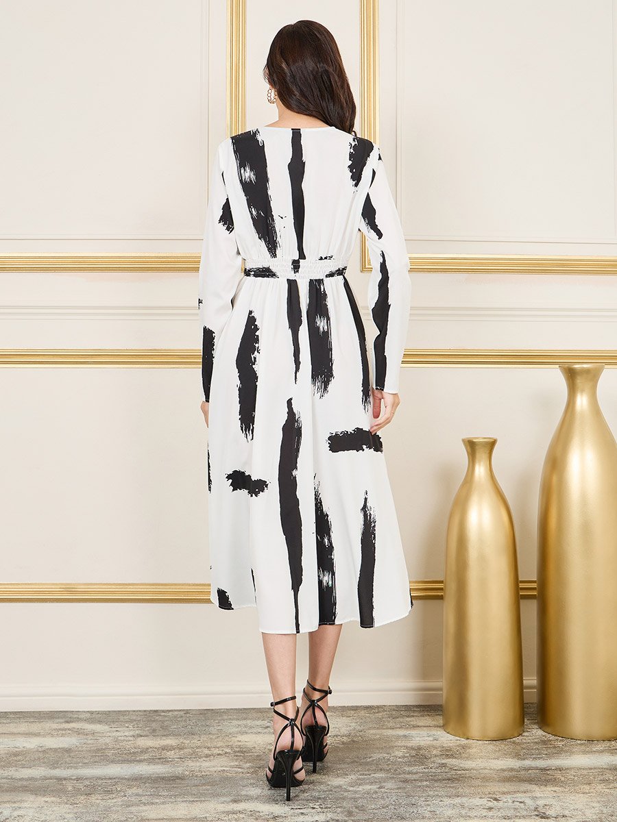 Abstract Print Smocked Waist Shirt Midi Dress