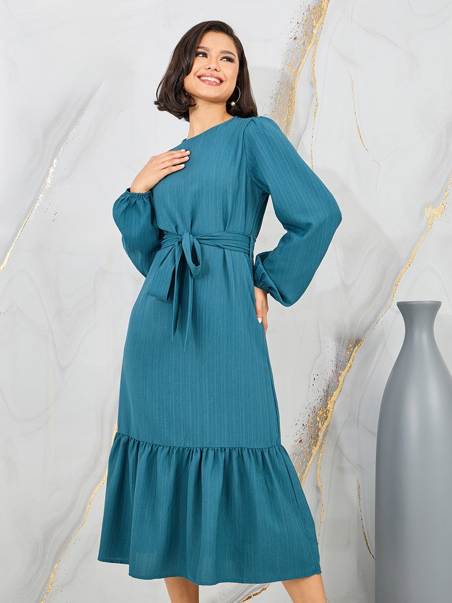 Textured Self Tie Up A-Line Midi Dress