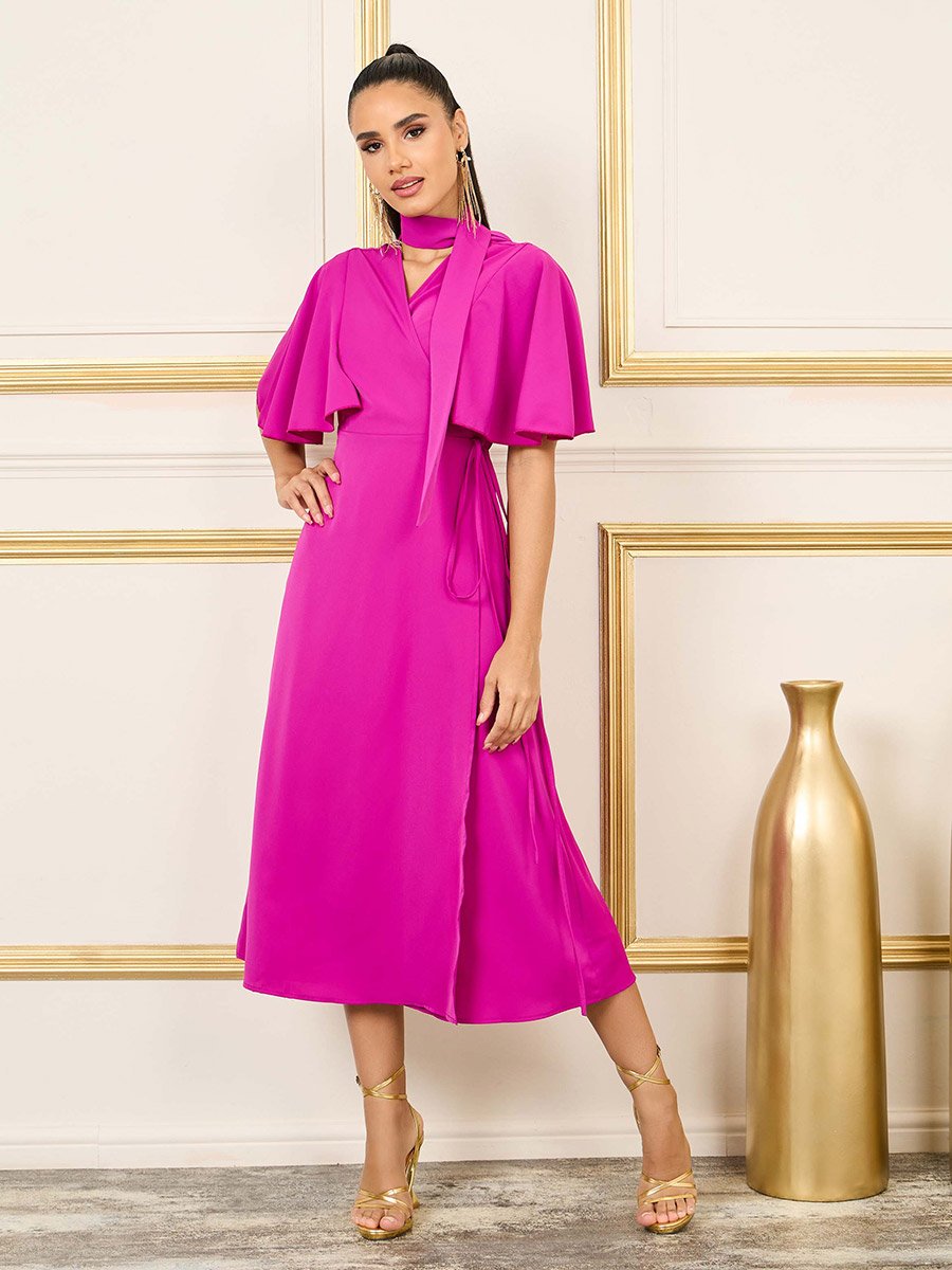 knee length dresses for ladies Natasha Beige Angel Sleeve Wrap Midi Dress – Girl In Mind main image 0