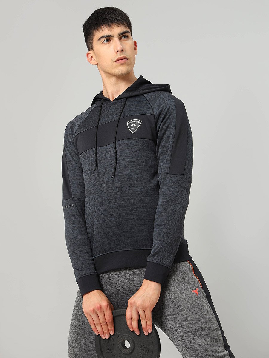 Contrast Panel Melange Fleece Hoodie