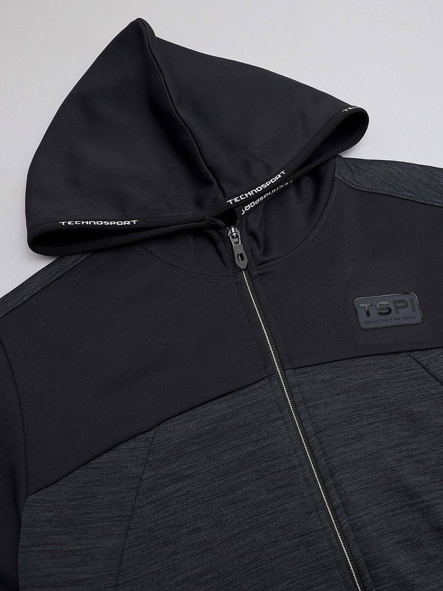 Contrast Panel Melange Fleece Hoodie