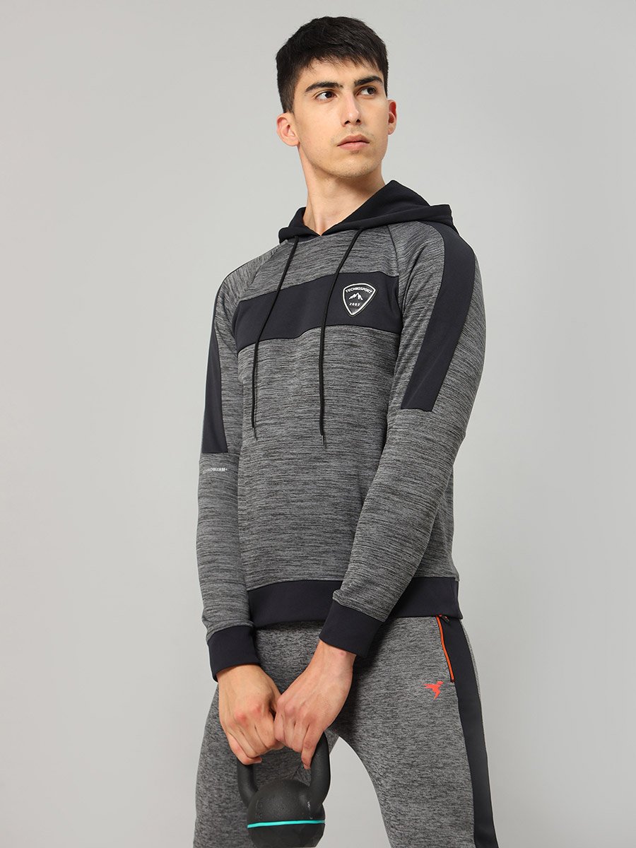 Contrast Panel Melange Fleece Hoodie