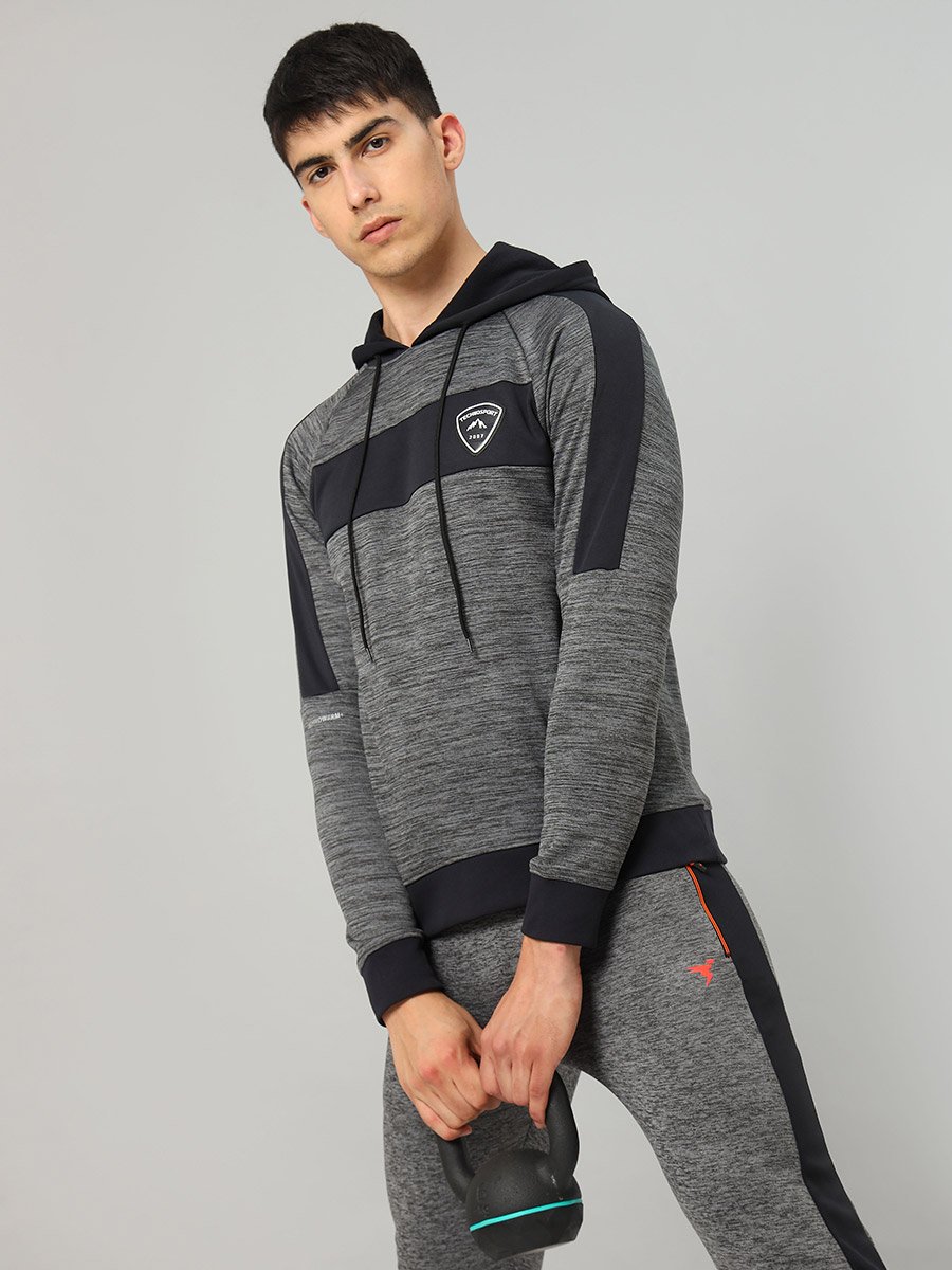 Contrast Panel Melange Fleece Hoodie