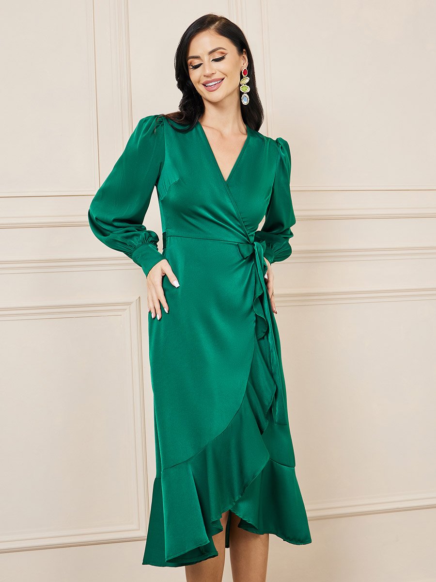 Ruffle Asymmetric Hem Wrap Midi Dress For Women at Bahrain | Styli
