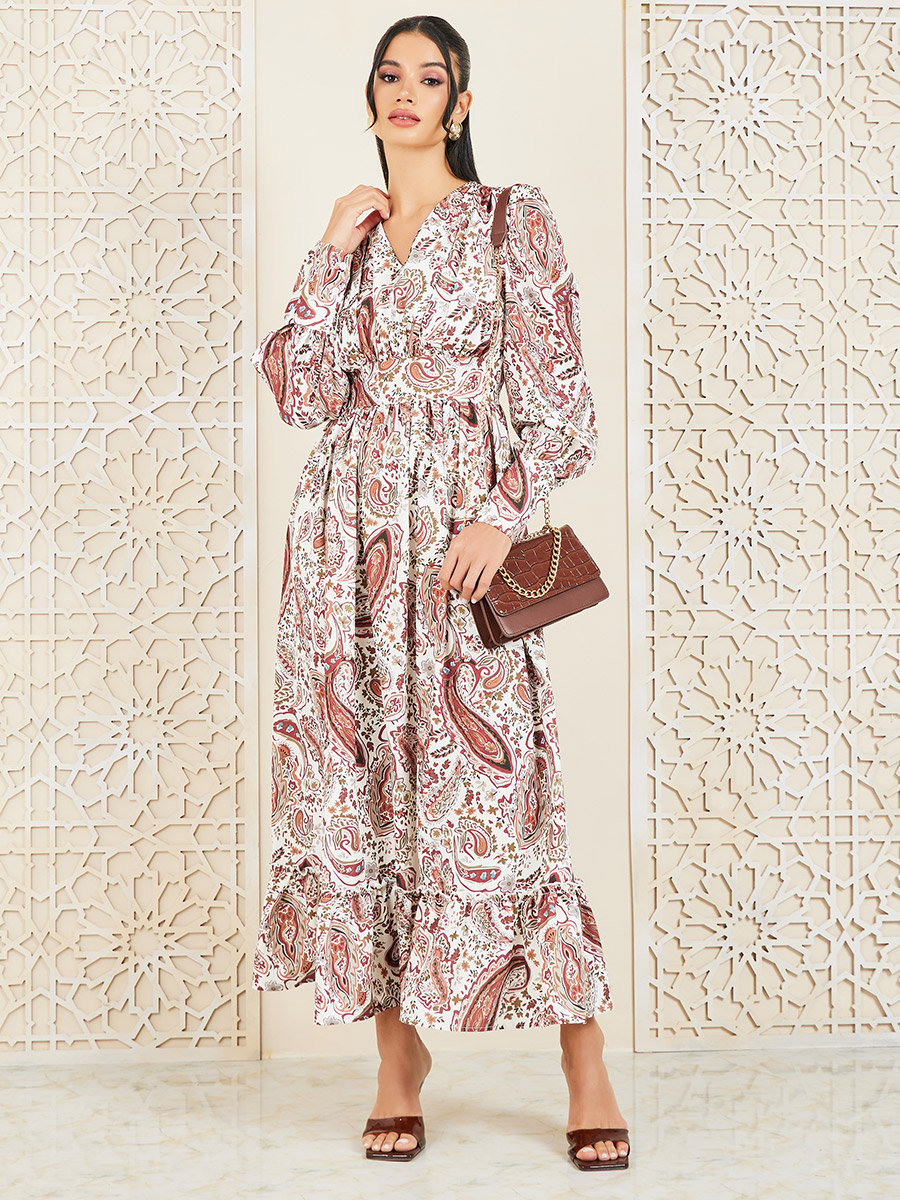 Paisley Print Cuffed Sleeve Maxi Dress