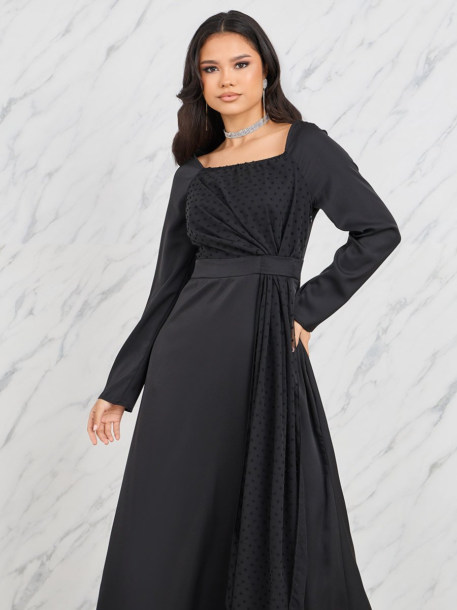 Dobby Detail Square Neck A-Line Midi Dress