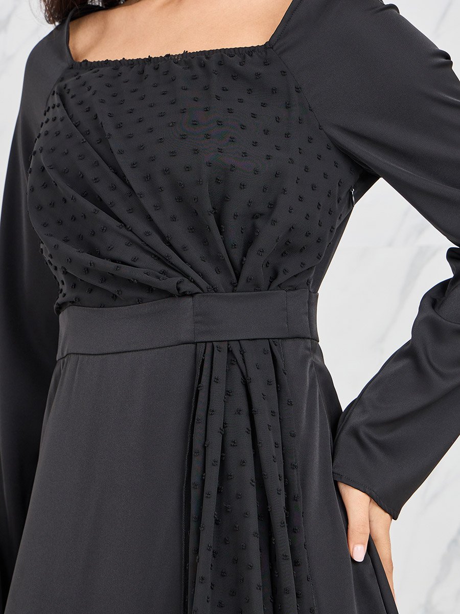 Dobby Detail Square Neck A-Line Midi Dress