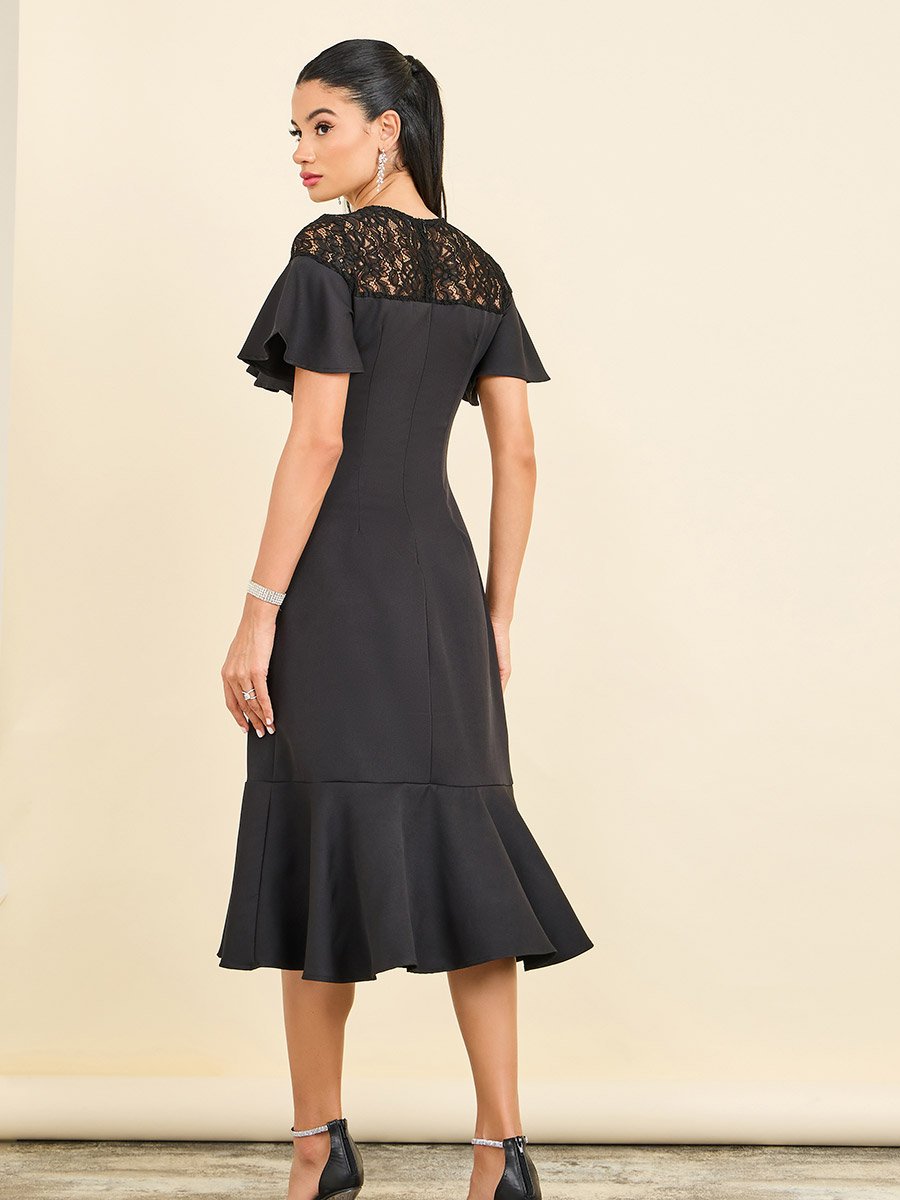 Lace Detail Ruffle A-Line Midi Dress