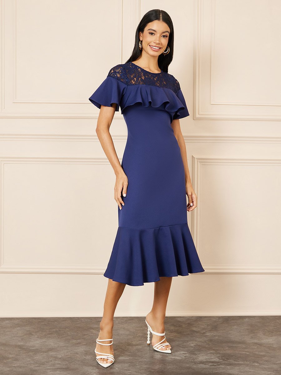 Lace Detail Ruffle A-Line Midi Dress For Women at Kuwait | Styli