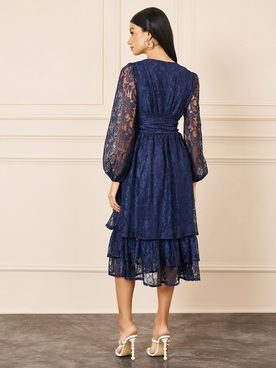 knee length dresses for ladies Never Look Back Navy Floral Lace Short Sleeve Velvet Trim Midi Dress main image 0