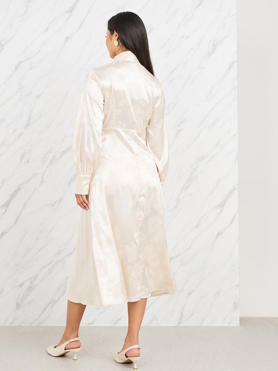 Satin Jacquard Print Tie Up Neck A-Line Midi Dress