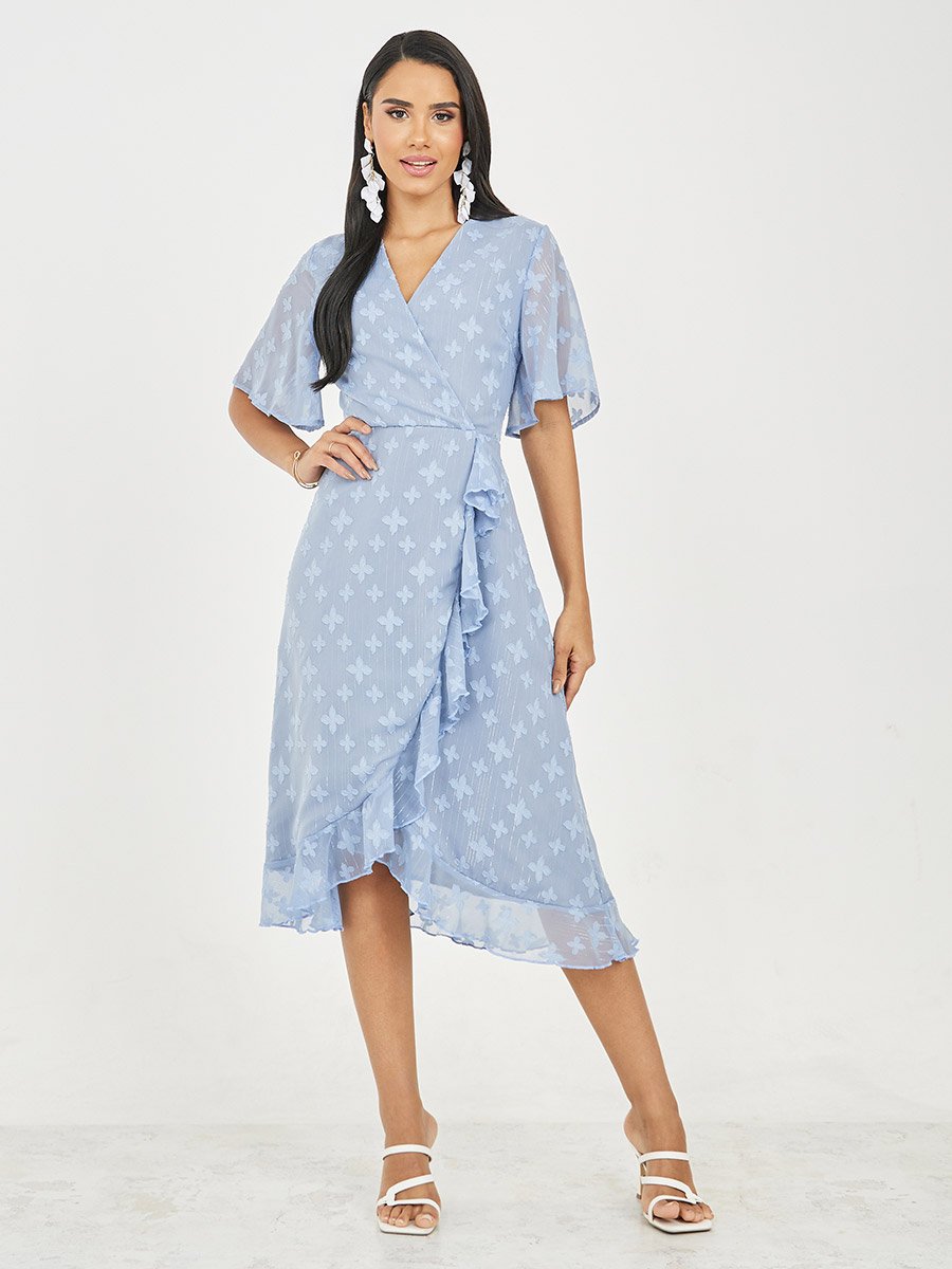 Burnout Texture Ruffle Detail A-Line Wrap Midi Dress