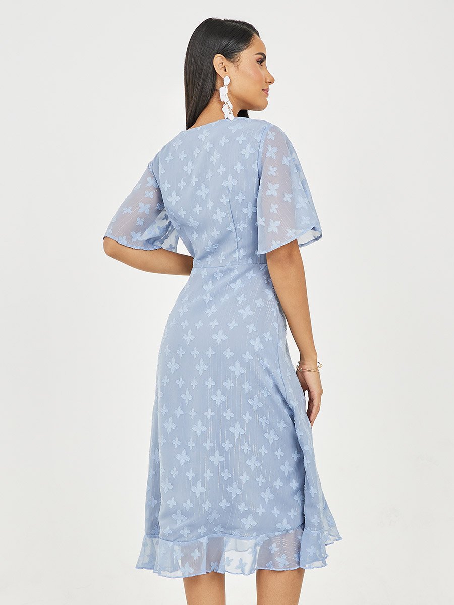 Burnout Texture Ruffle Detail A-Line Wrap Midi Dress