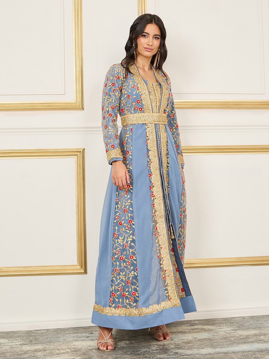 embroidered belted kaftan dress Floral Embroidery Tassel Tie Neck Belted Kaftan Dress