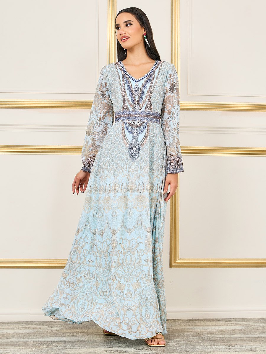 Rhinestone Detail Digital Print Belted Jalabiya