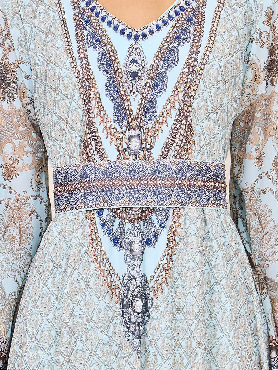 Rhinestone Detail Digital Print Belted Jalabiya