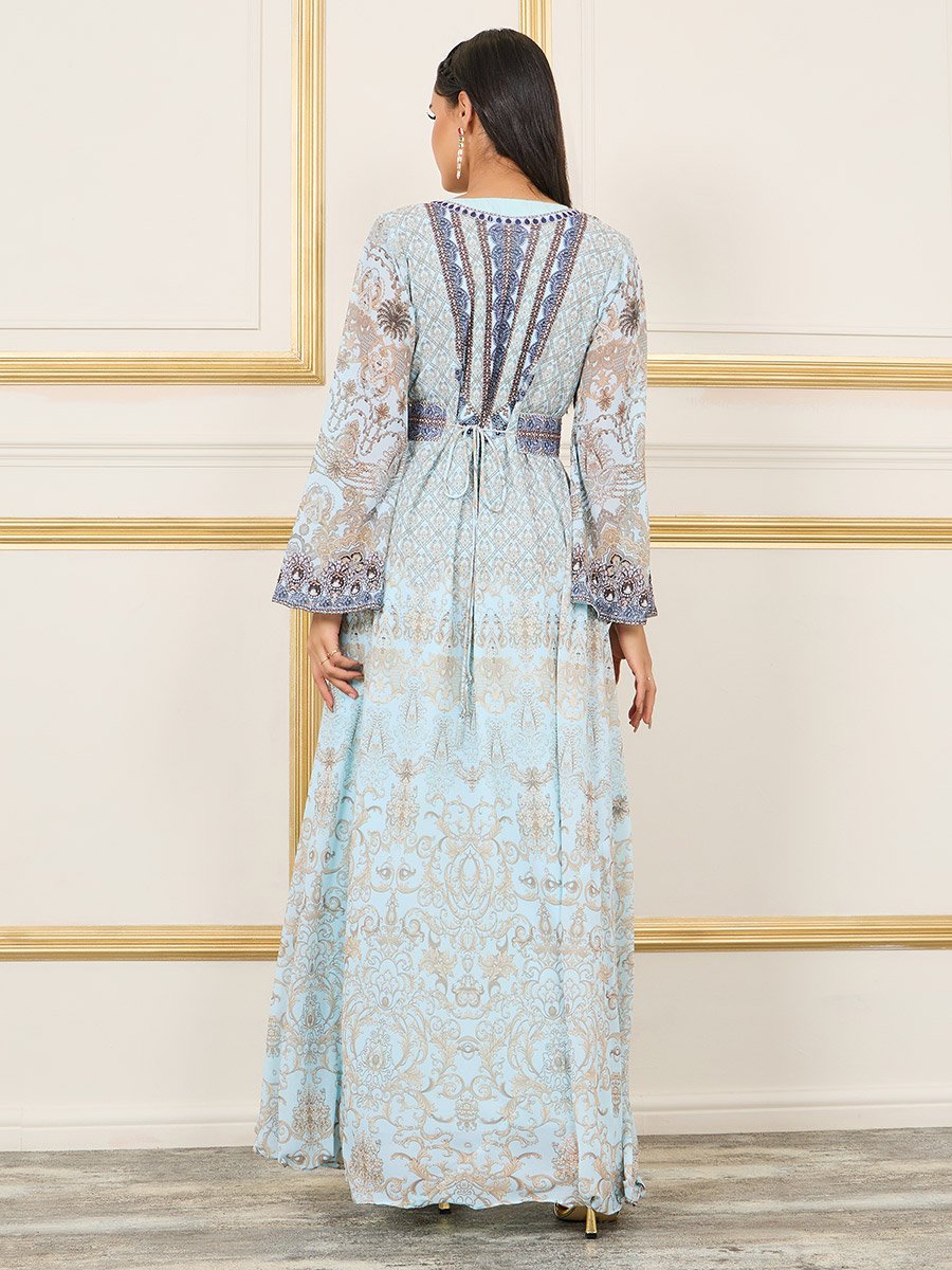 Rhinestone Detail Digital Print Belted Jalabiya