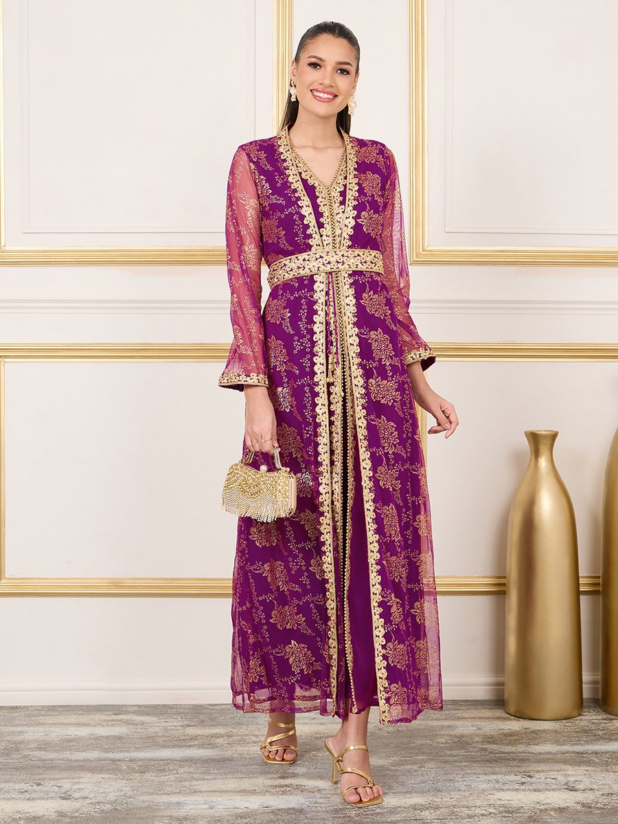 embroidered belted kaftan dress Kaftan Dress - Resort & Formal Wear - 2-Piece White Geometric Embroidery Belted - Sheer Chiffon - US 10