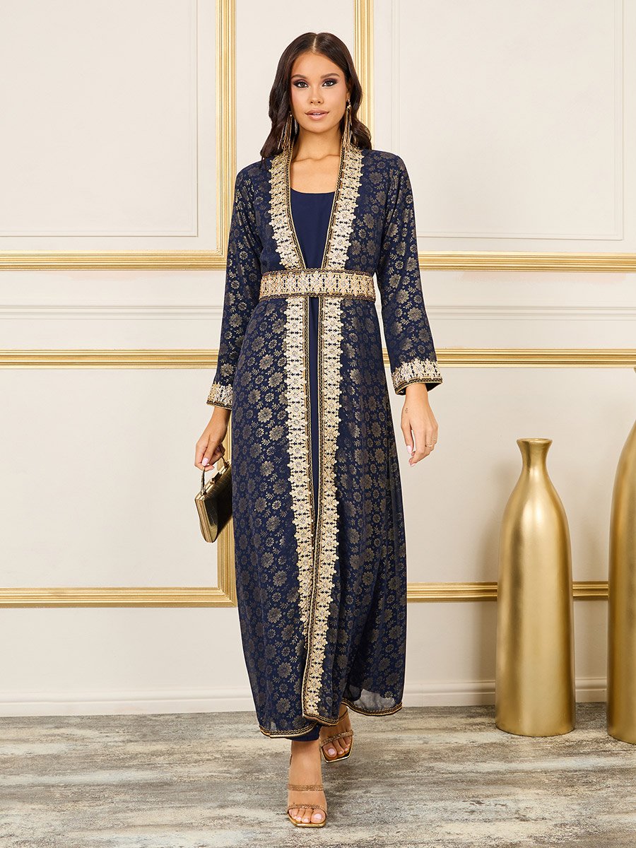 Foil Print Thread Embroidered Stone Detail Belted Kaftan For Women at  Kuwait | Styli
