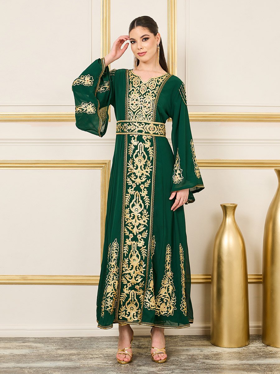 Thread Embroidered Beaded Detail Belted Kaftan For Women at Saudi | Styli