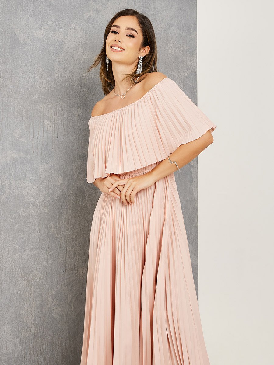 Off Shoulder Neck Pleated Maxi Dress For Women at Saudi | Styli