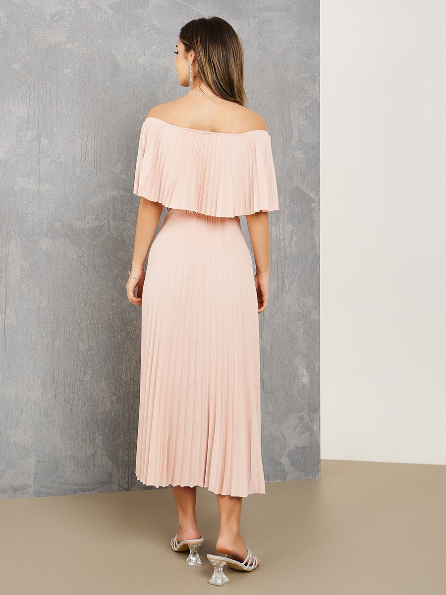Off Shoulder Neck Pleated Maxi Dress