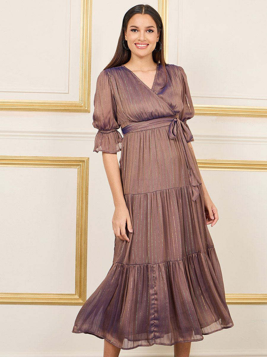 Lurex Striped Chiffon Tiered Midi Dress with Self Tie Up