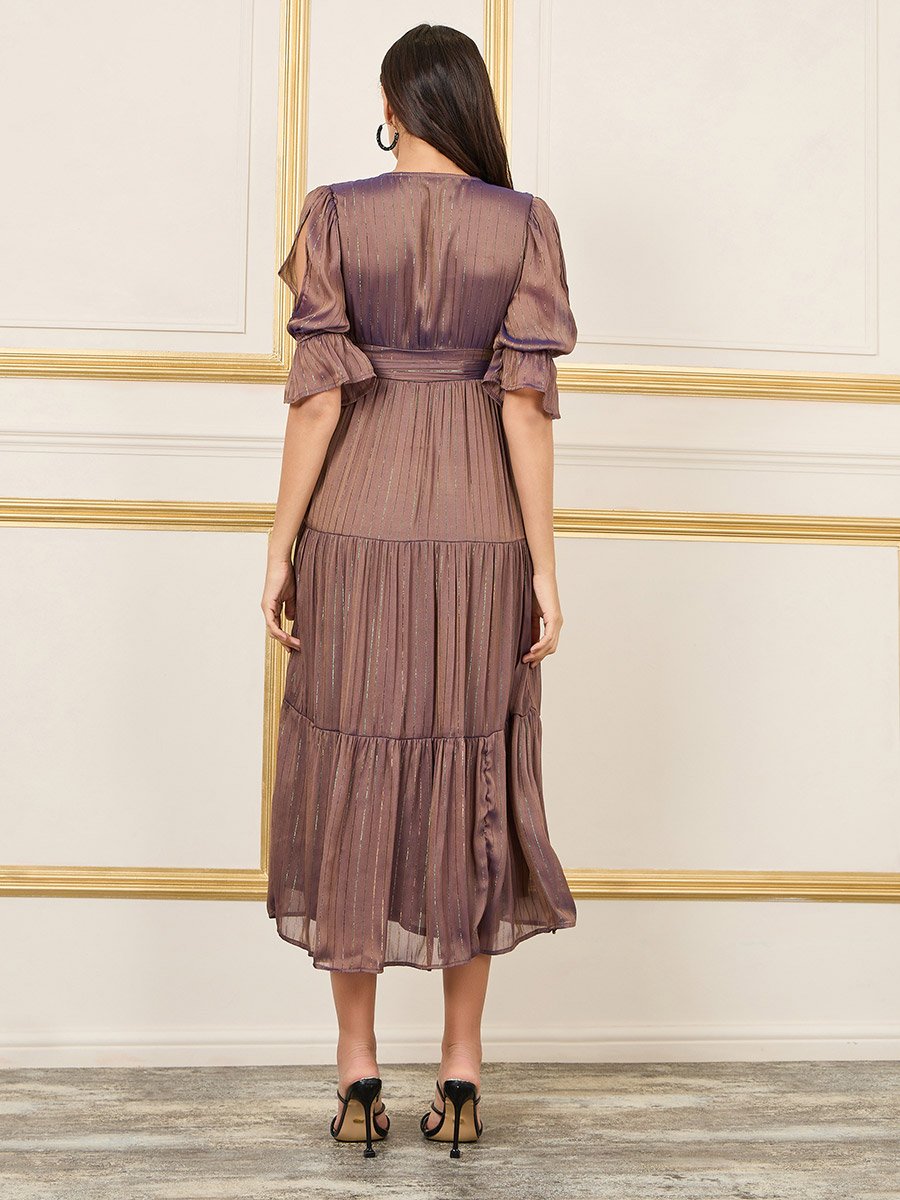Lurex Striped Chiffon Tiered Midi Dress with Self Tie Up