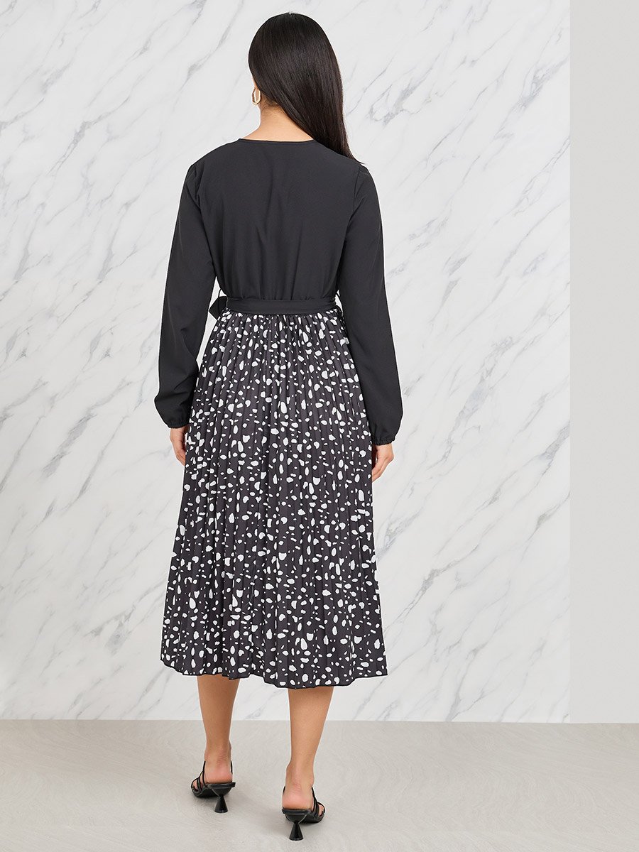Pleated A-Line Midi Dress with Tie Belt
