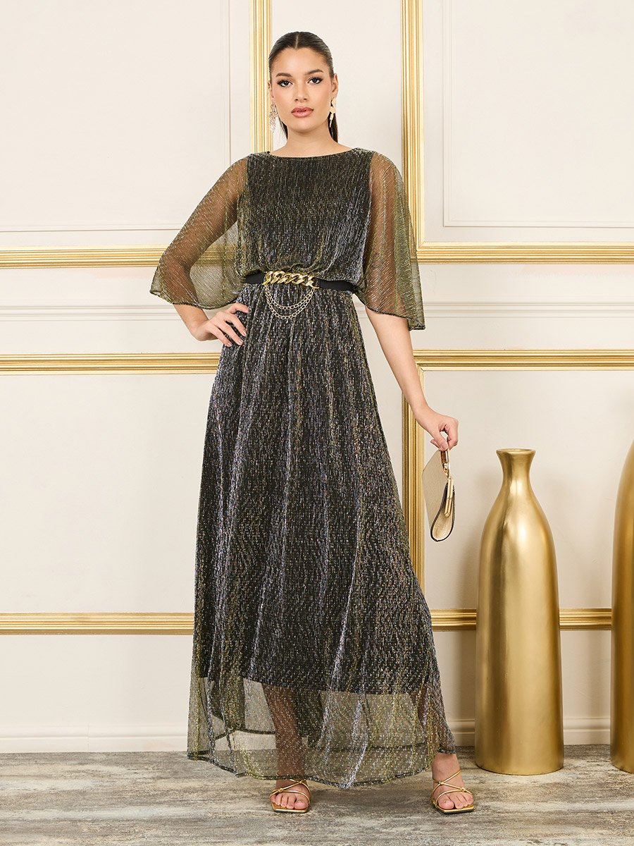 Plisse Lurex Chain Accent Waist A-Line Maxi Dress For Women at Saudi | Styli