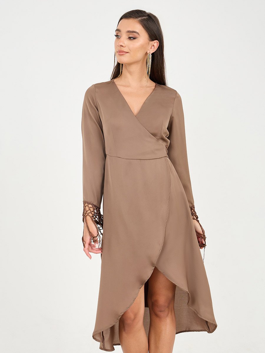 Tassel Trim Sleeves Asymmetric Hem Wrap Midi Dress For Women at Saudi | Styli Tassel Trim Sleeves Asymmetric Hem Wrap Midi Dress For Women at Saudi | Styli