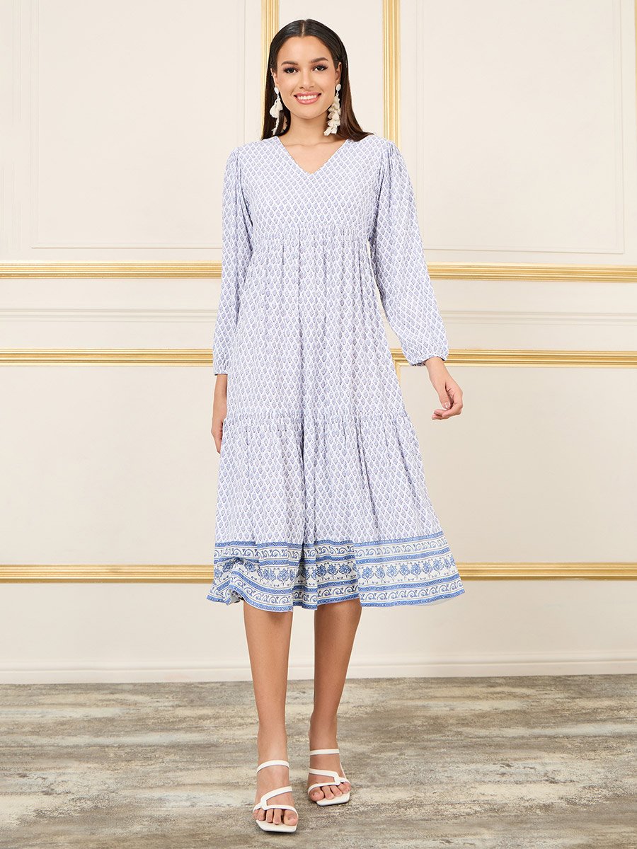 All Over Print Tiered Midi Shift Dress
