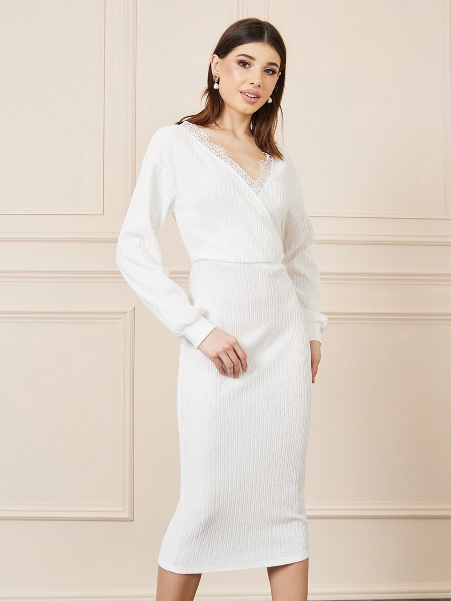 Lace Trim Neck Textured Bodycon Dress For Women at Kuwait | Styli