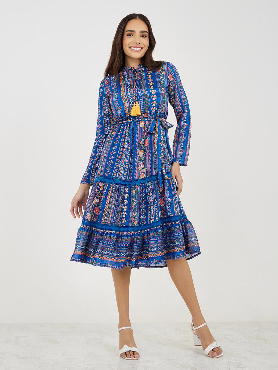 All-Over Print Long Sleeve A-Line Midi Dress