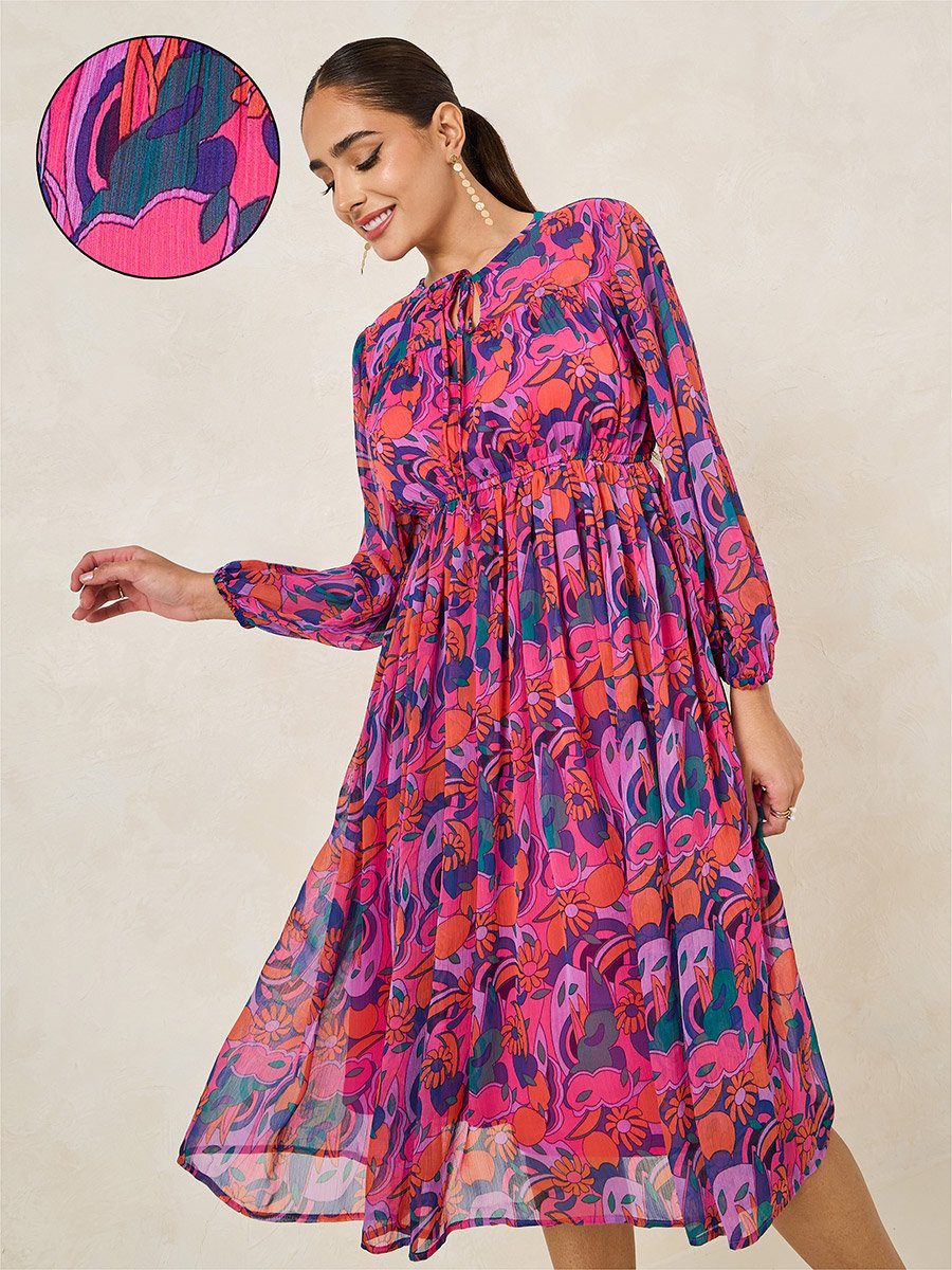 All Over Print Long Sleeve A-Line Midi Dress
