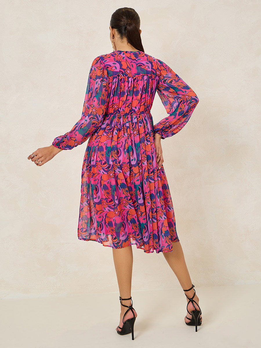 All Over Print Long Sleeve A-Line Midi Dress