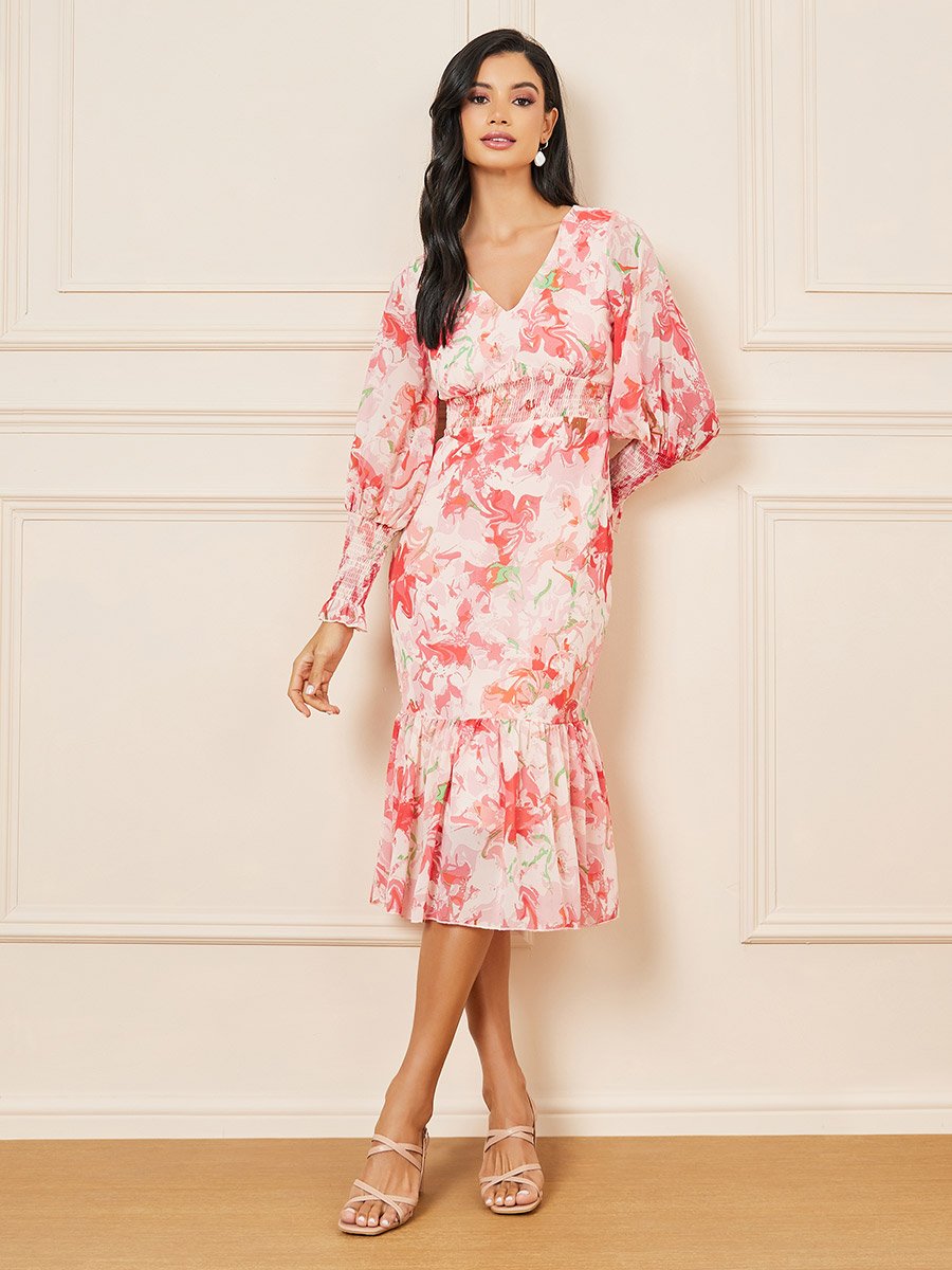 Floral Print Smocked Detail Bodycon Midi Dress