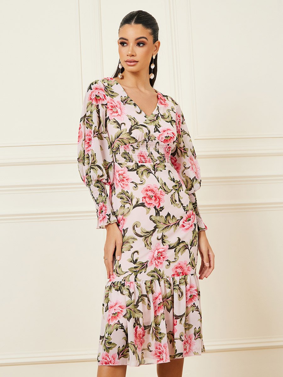 Floral Print Smocked Detail Bodycon Midi Dress For Women at Kuwait | Styli