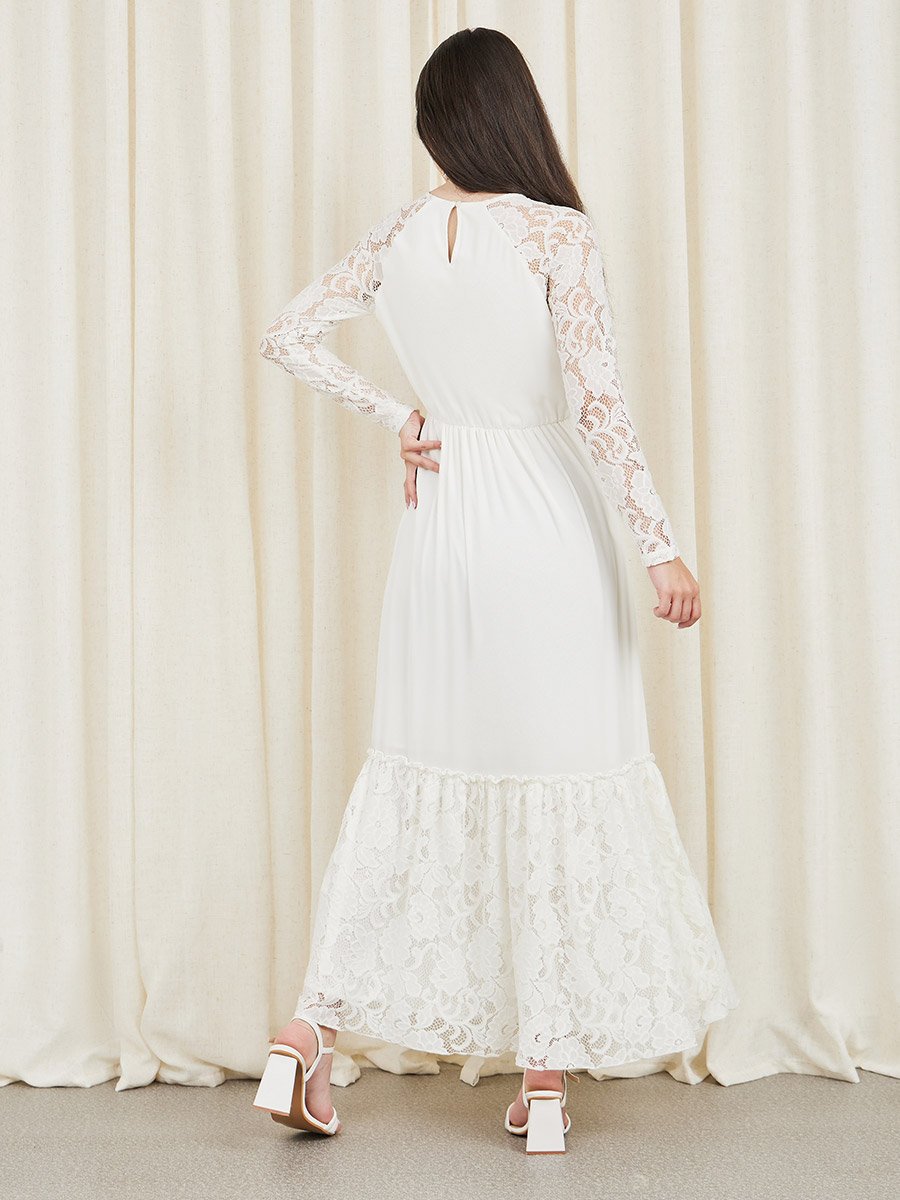 Lace Sheer Detail A-Line Tiered Maxi Dress For Women at Saudi | Styli Lace Sheer Detail A-Line Tiered Maxi Dress For Women at Saudi | Styli