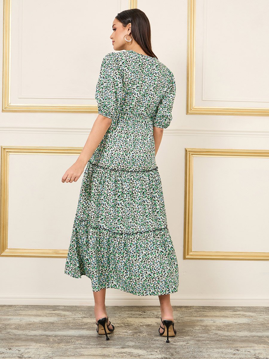 Ditsy Floral Print Ruffle Detail A-Line Midi Dress For Women at UAE | Styli Ditsy Floral Print Ruffle Detail A-Line Midi Dress For Women at UAE | Styli