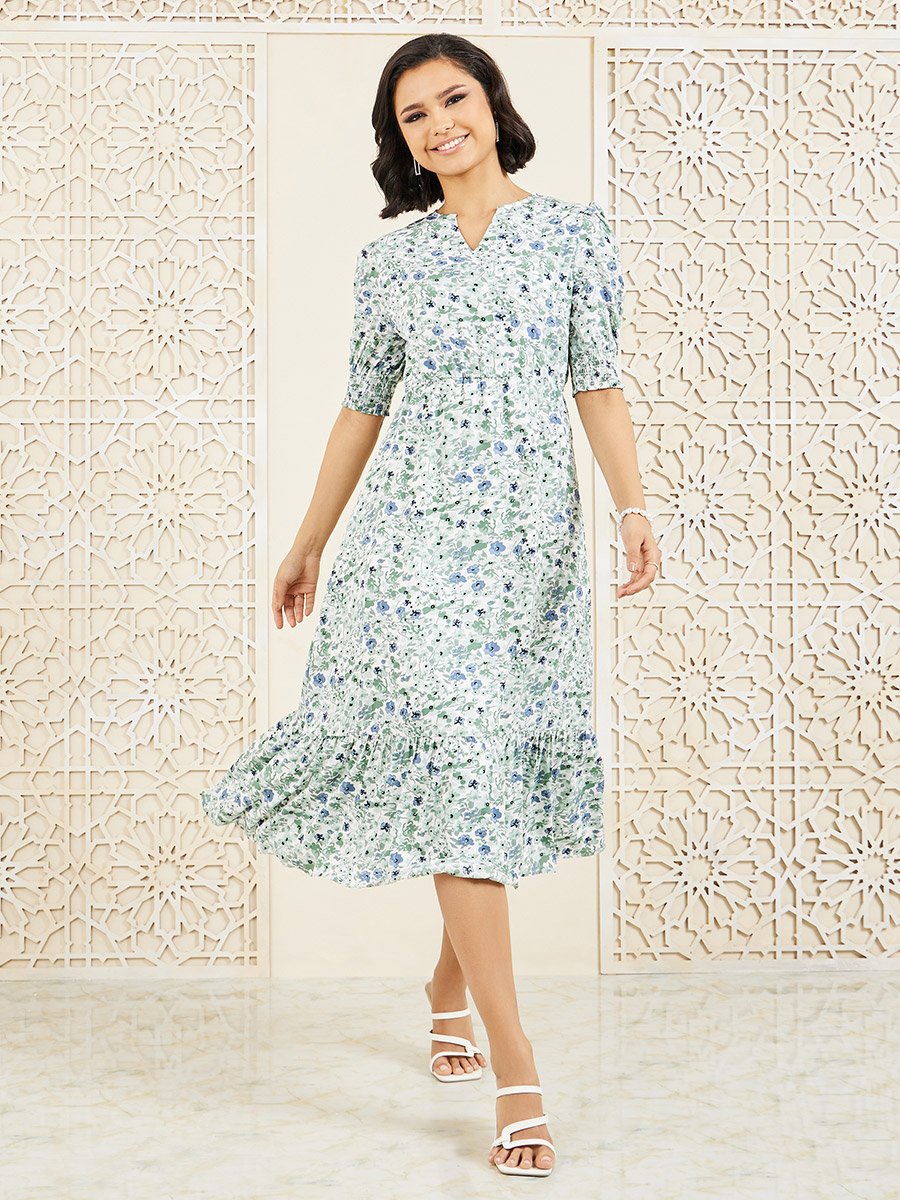 Floral Print Ruffle Hem A-Line Midi Dress For Women at Saudi | Styli