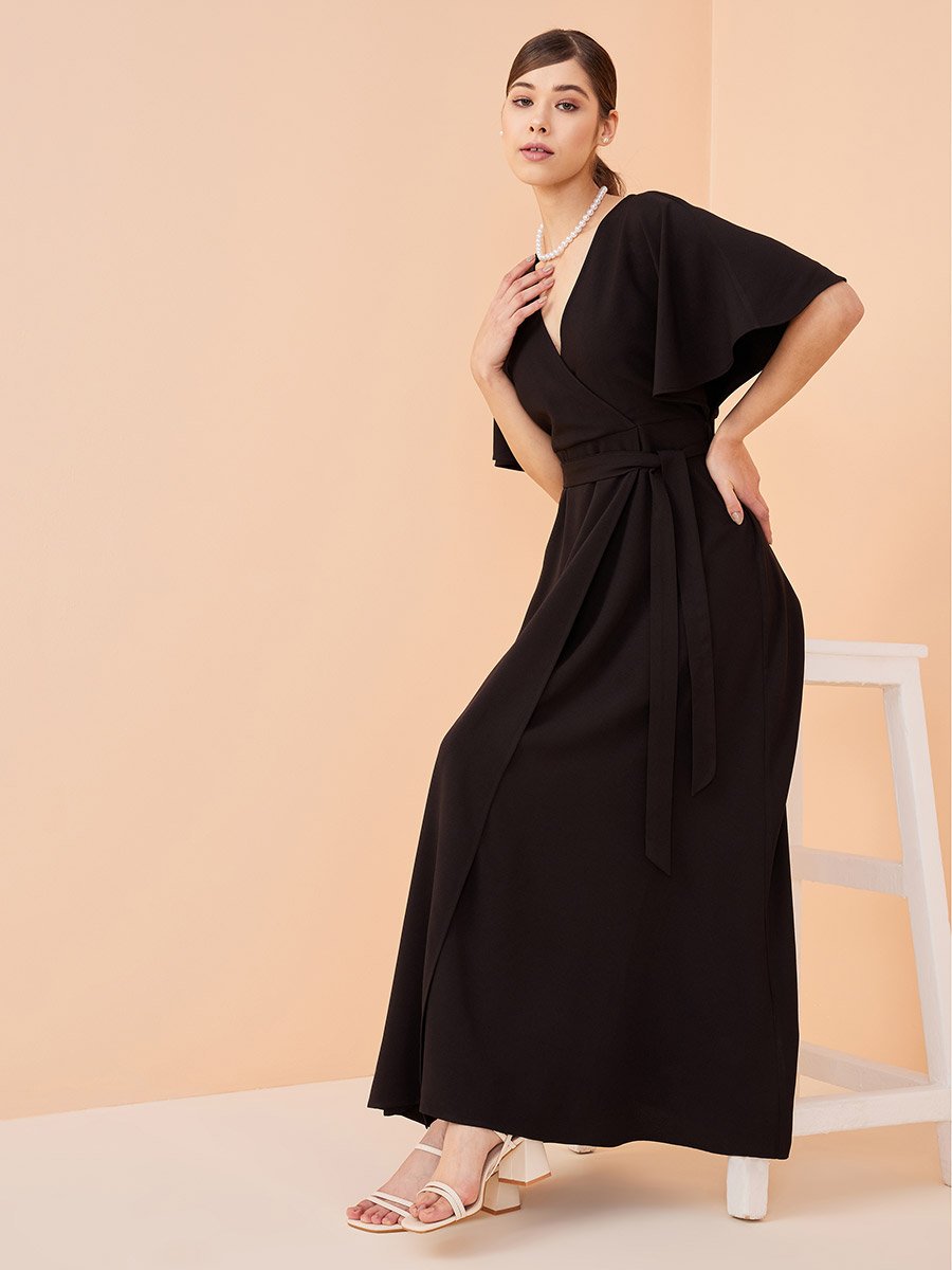 V Neck Kimono Sleeve Wrap Front Maxi Dress For Women at Saudi | Styli V Neck Kimono Sleeve Wrap Front Maxi Dress For Women at Saudi | Styli