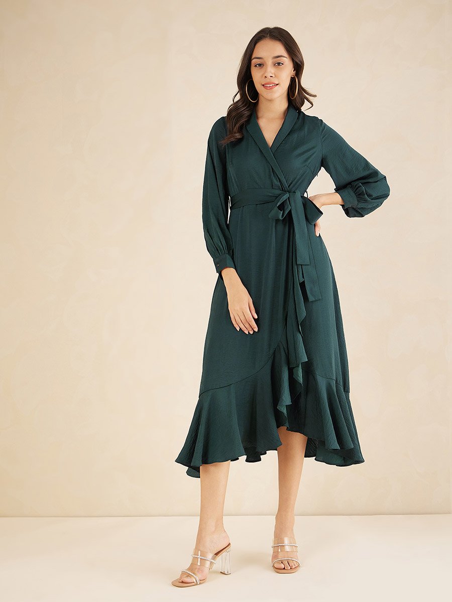 Shawl Collar Belted Wrap Midi Dress For Women at Bahrain | Styli
