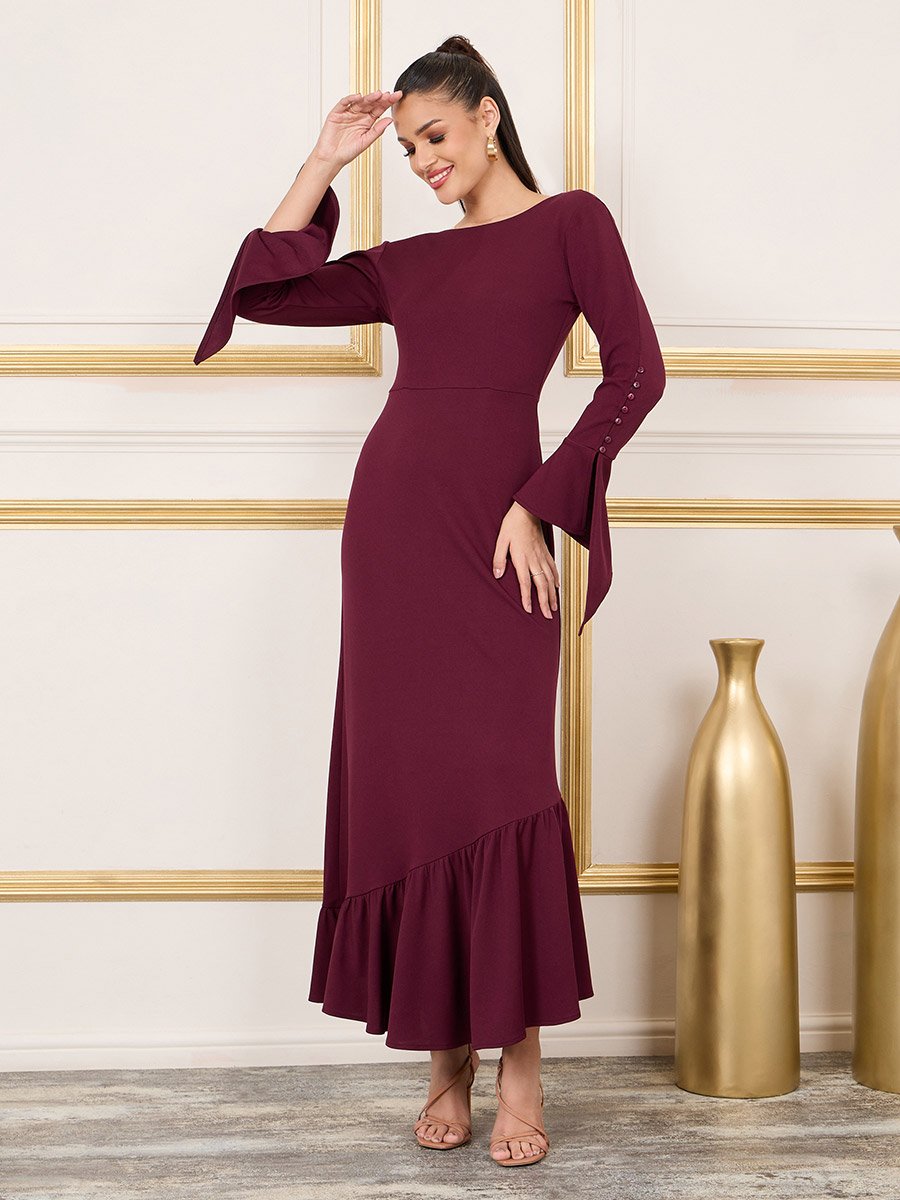 Button Loop Detail Sleeves Ruffle Hem A-Line Maxi Dress For Women at Saudi  | Styli