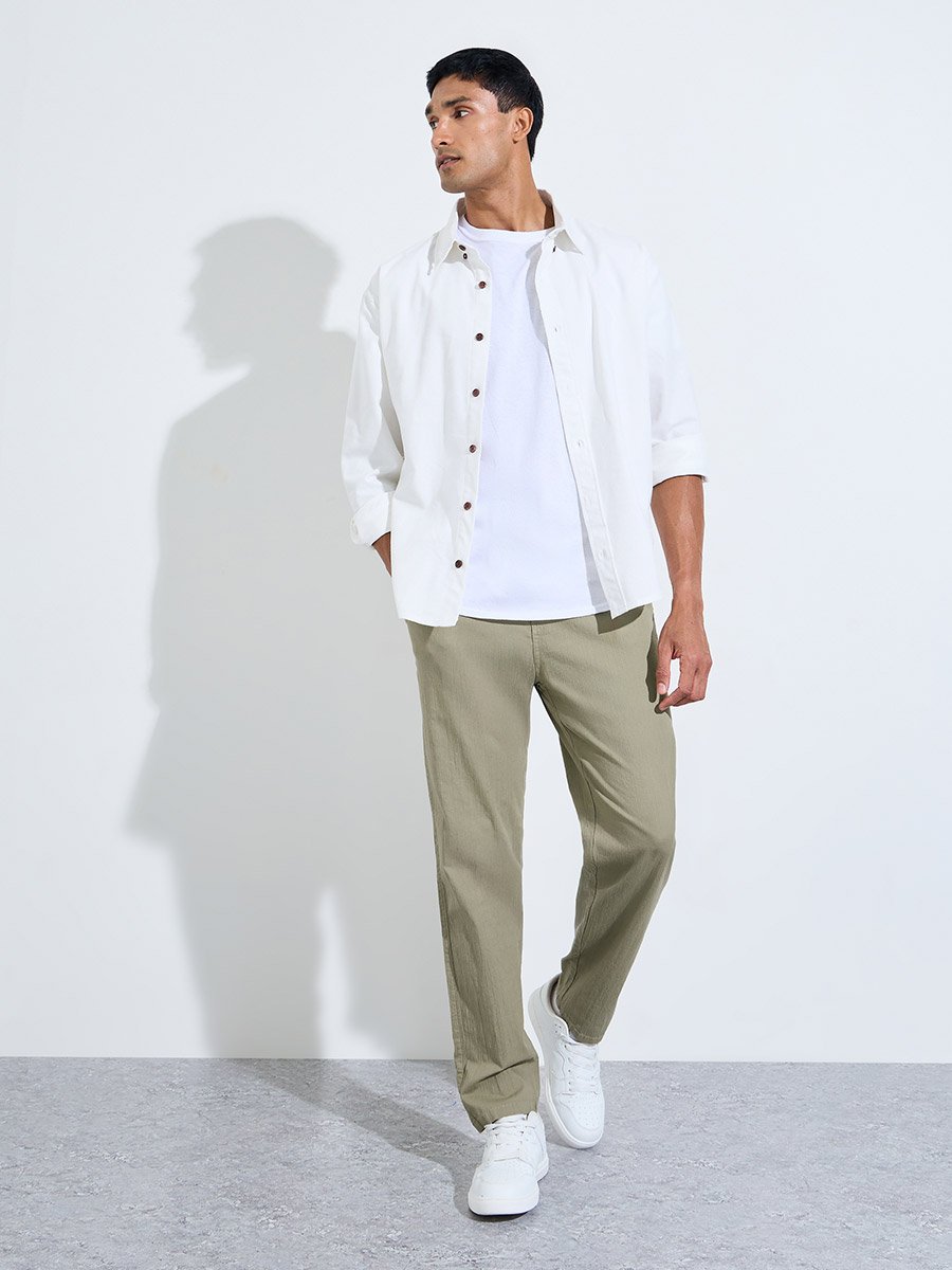 Men Cotton Slub Solid Pants with Side Pocket