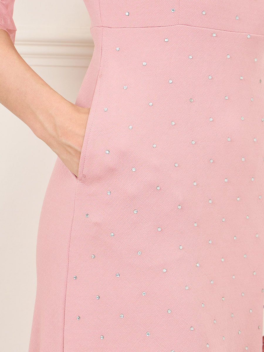 Embellished Mesh Trim Shift Midi Dress with Pocket Detail