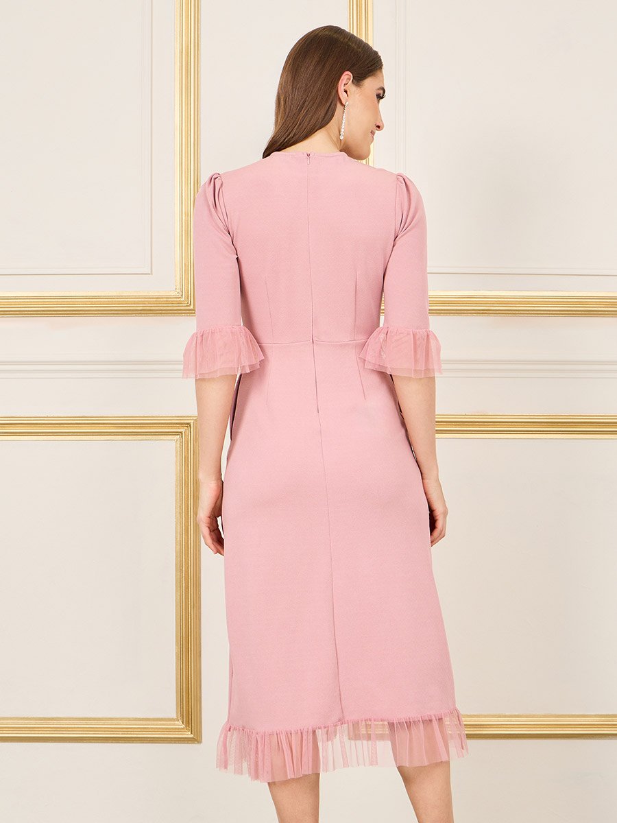Embellished Mesh Trim Shift Midi Dress with Pocket Detail