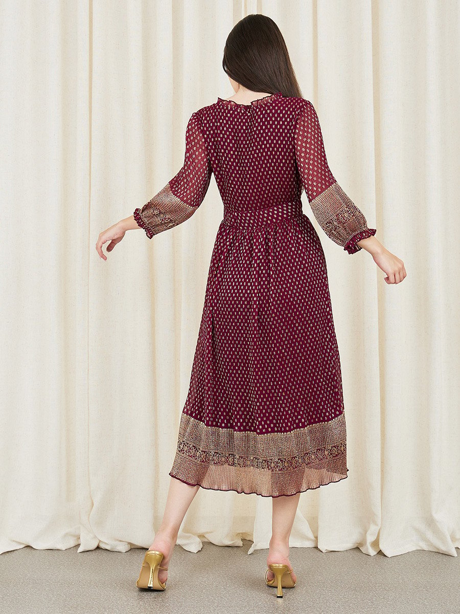 All Over Print Pleated Ruffle Hem A-Line Midi Dress For Women at Kuwait |  Styli