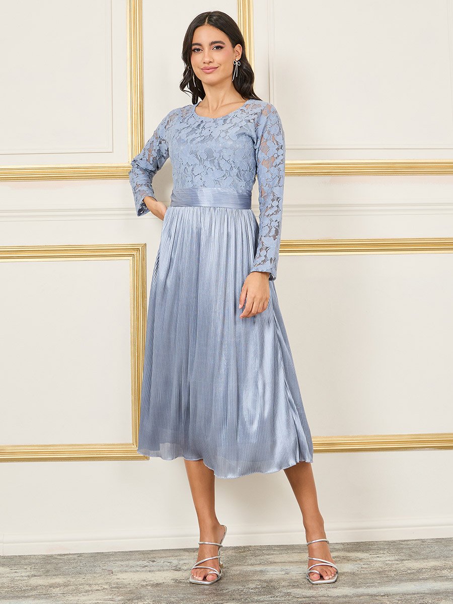 Lace Detail Satin Plisse A-Line Midi Dress For Women at Saudi | Styli