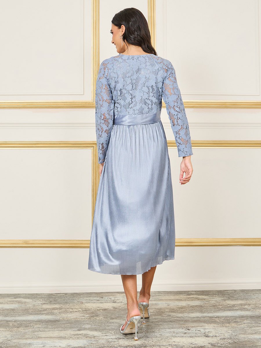 Lace Detail Satin Plisse A-Line Midi Dress For Women at UAE | Styli